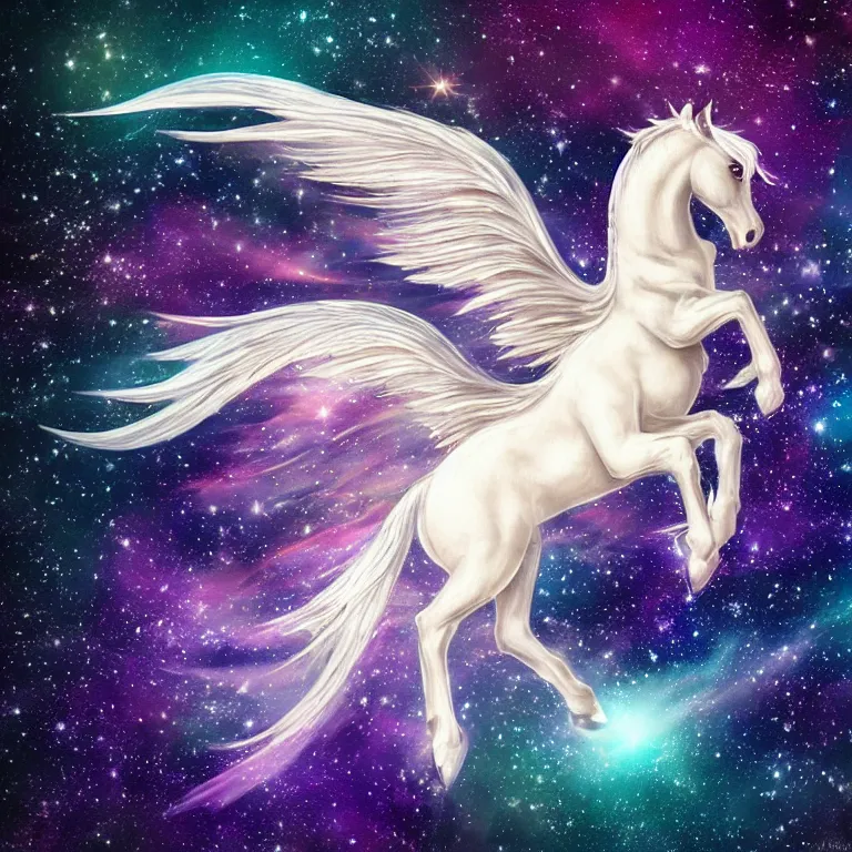 Image similar to beautiful mythical Pegasus flying through the cosmos