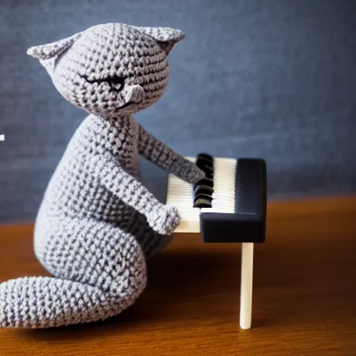 Prompt: product image of a crochet gray cat in light blue shirt playing crochet piano. beautifully made, very detailed, studio lighting, high quality, high resolution