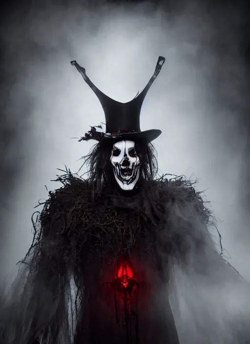 Image similar to the ghost - spirit of the grim - hatter wears the scarlet skull armor and blood crown, midnight fog - mist!, cinematic lighting, various refining methods, micro macro autofocus, ultra definition, award winning photo