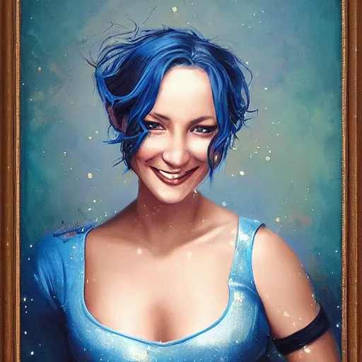 Image similar to a beautiful painting of a smiling woman with stylish short blue hair and sparkling blue eyes, background is a rustic saloon, representative of the art style of artgerm and wlop and peter mohrbacher