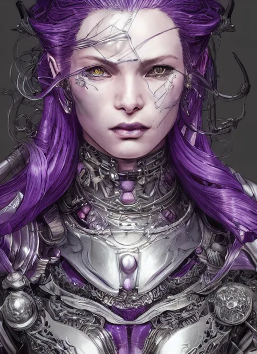 Prompt: close up portrait of a pale woman in amethyst bionic armor with purple hair, powerful, domineering, stoic, masterful, intense, ultrafine hyperdetailed illustration by kim jung gi, irakli nadar, intricate linework, sharp focus, octopath traveler, yoji shinkawa, highly rendered, detailed, concept art