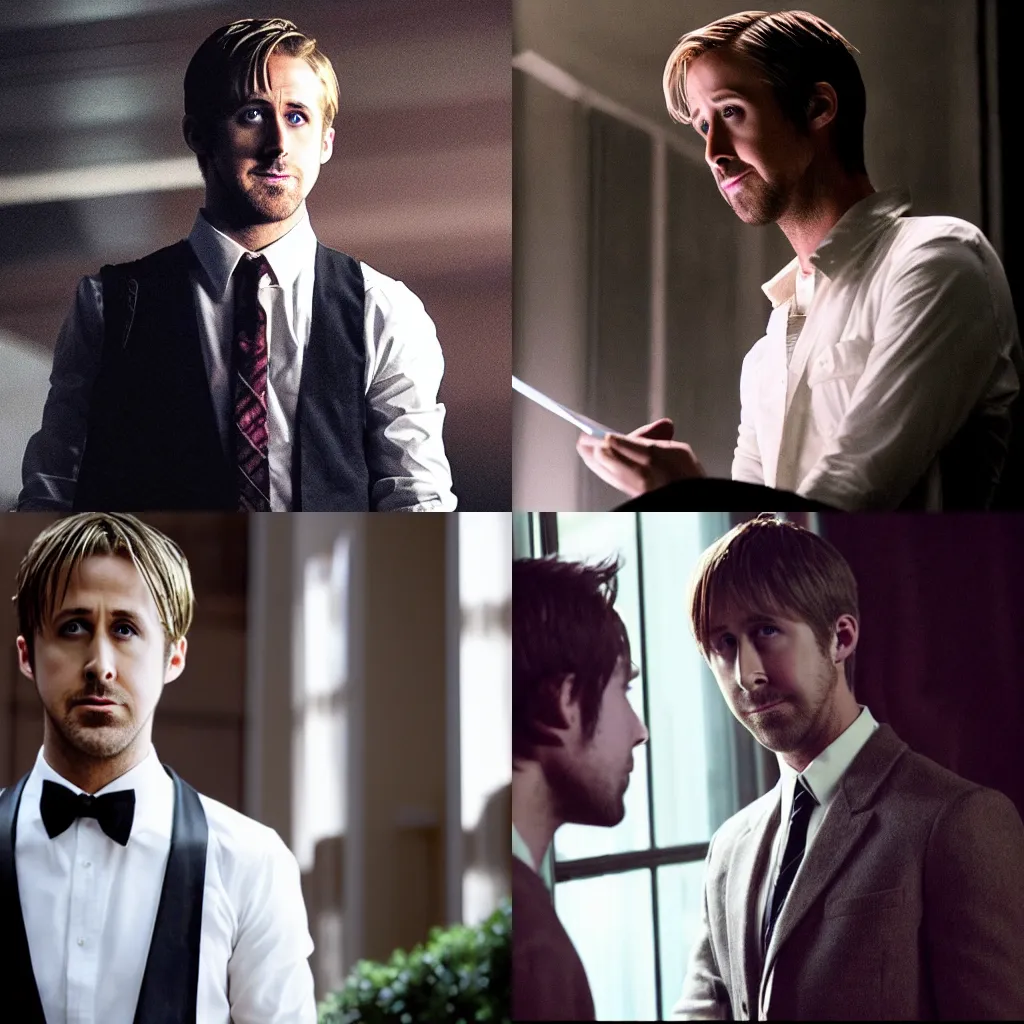 Prompt: Ryan Gosling playing Light Yagami in a live action adaptation of Death Note, film still, dramatic lighting,