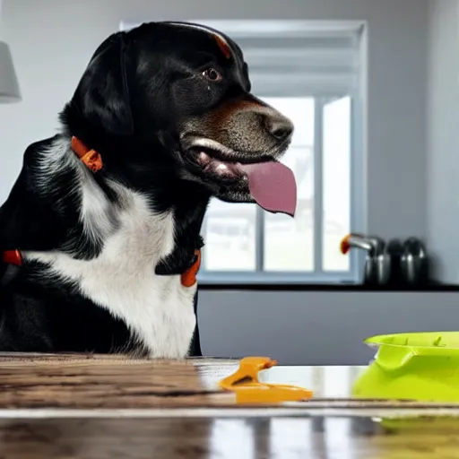 Prompt: a happy dog doing the dishes, very detailed and sharp photorealistic image