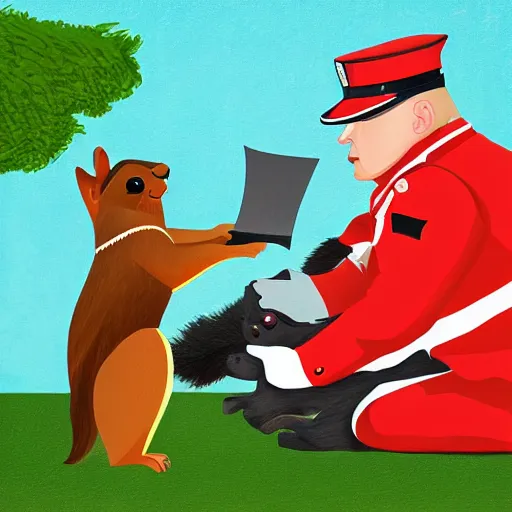 Image similar to a dog cop giving a speeding ticket to a squirrel, digital art