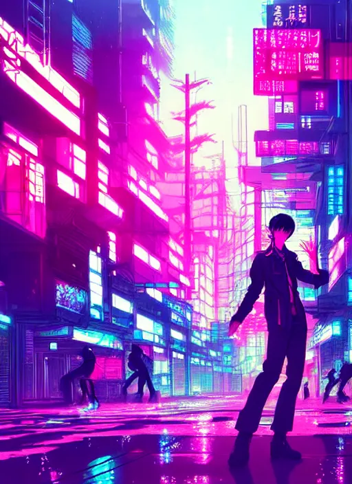 Image similar to city pop idol dancing in the apocalypse cyberpunk, accurate features, very intricate ultrafine details, masterpiece, realistic shaded lighting, detailed backgrounds, epic composition, soft neon lights, rain, in style of yoji shinkawa, pan ren wei, col price, atey ghailan, grunge aesthetic