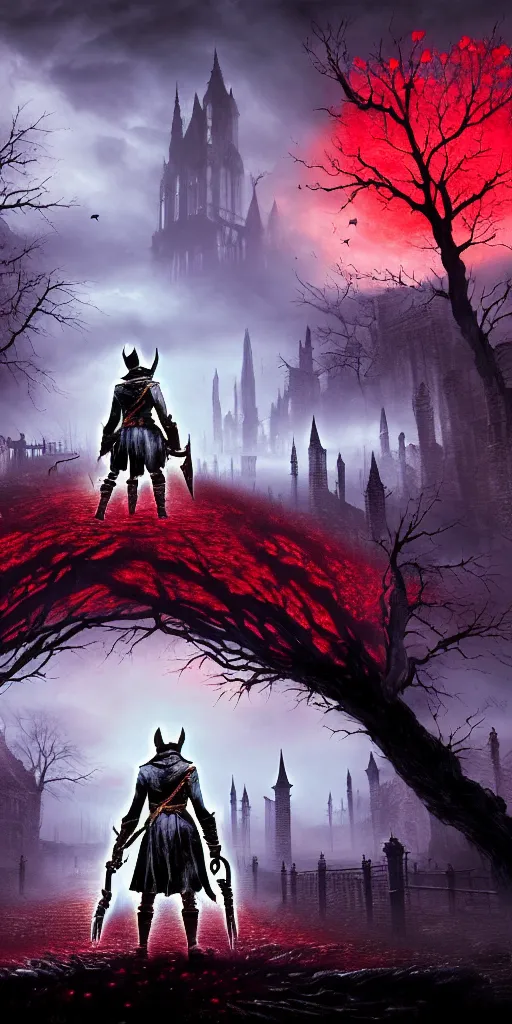 Image similar to abandoned bloodborne old valley with a person at the centre and a ruined gothic city at the end of the valley, trees and stars in the background, falling red petals, epic red - orange moonlight, perfect lightning, wallpaper illustration by niko delort and kentaro miura, 4 k, ultra realistic