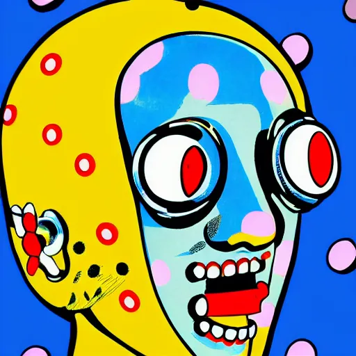 Prompt: close up of skinhead with 3 eyes and nice smile, eating ice cream clear blue sky vintage style,cyberpunk helmet with flowers, in the style of Yayoi Kusama
