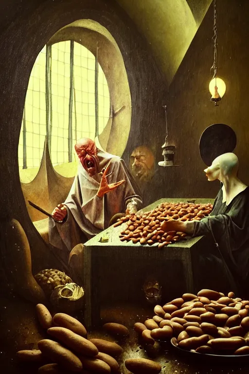 Image similar to hieronymus bosch, greg rutkowski, anna podedworna, painting of a man eating beans in a movie theatre and everyone is laughing at them