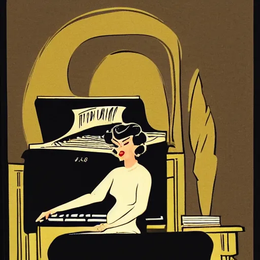 Image similar to vintage woman wearing devil horns and sitting in an piano, retro cartoon