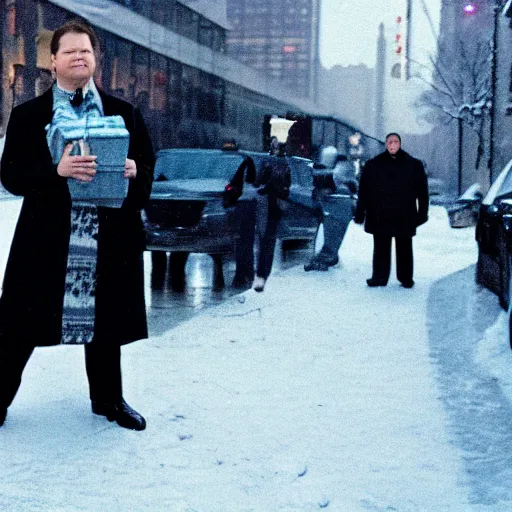 Image similar to 1 9 9 8 andy richter wearing a black wool coat and necktie standing on the streets of chicago at night in winter, holding shopping bags gifts, dynamic lighting, holiday season.
