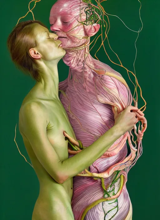 Prompt: a surreal biomorphic, botanical painting of two human figures entwined, extra limbs, draped in silky pink, green and gold, highly detailed, compassionate embrace emotionally evoking, rendered in octane, centre image, by jenny saville and charlie immer