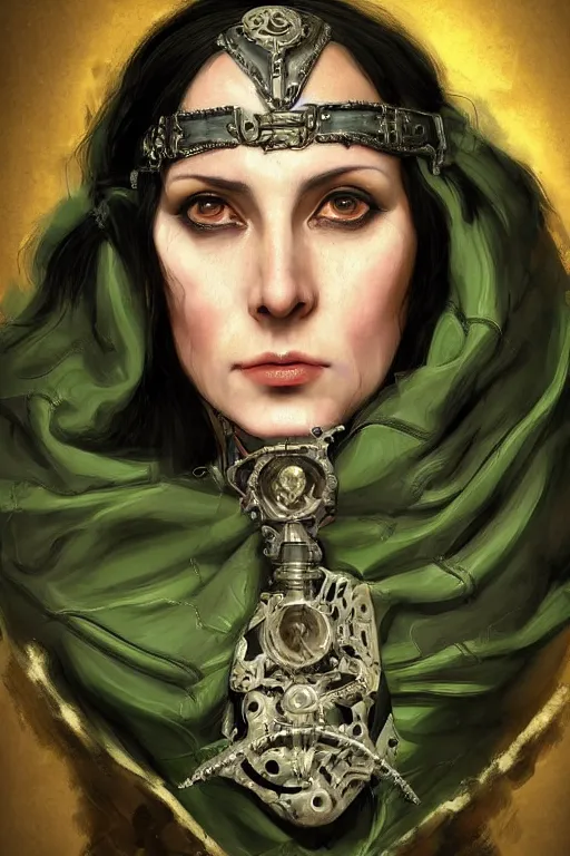 Image similar to portrait, headshot, digital painting, of a 17th century, beautiful, middle aged, middle eastern, wrinkles, decadent, cyborg noble woman, dark hair, gasmask, amber jewels, baroque, ornate dark green opulent clothing, scifi, futuristic, realistic, hyperdetailed, concept art, chiaroscuro, Waterhouse style