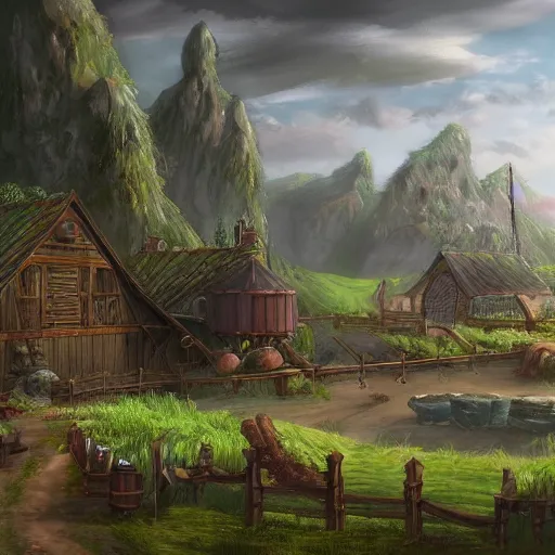 Image similar to concept art of a fantasy farm, wlop style