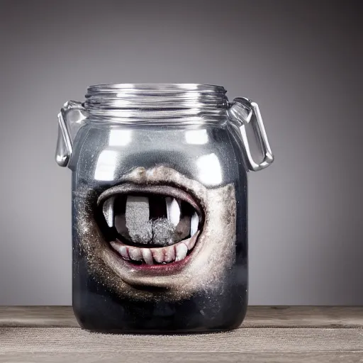 Image similar to Evil monster in a jar, product photography, centered, studio lightning