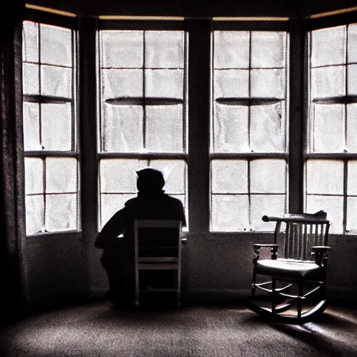 Prompt: creepy scary high definition picture of a shadow eater sitting in a rocking chair by the window
