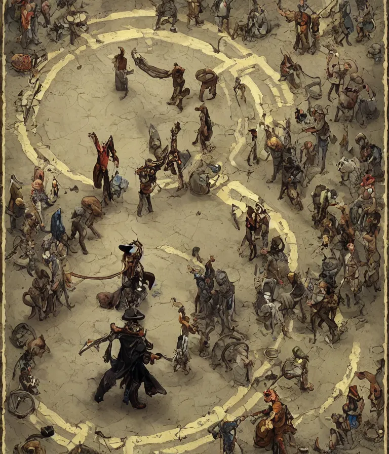 Image similar to a cowboy druid snake oil salesman standing in a circle at the bull run at the beginning of the world by peter mohrbacher and james jean