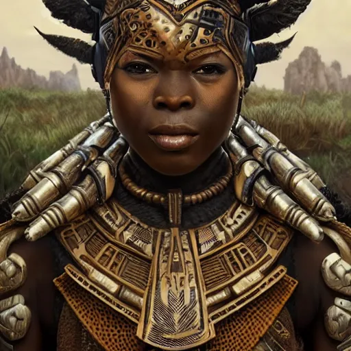 Image similar to a wakandan zulu warrior in dieselpunk style armor, african, deviantart, ultra realistic, concept art, intricate details, eerie, horror, highly detailed, photorealistic, octane render, 8 k, unreal engine. art by artgerm and greg rutkowski and alphonse mucha