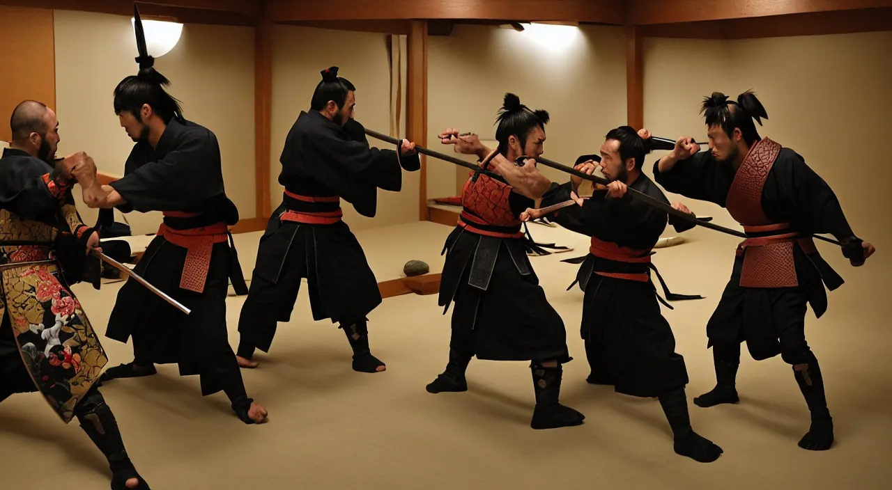 Image similar to samurai fighting in the backrooms