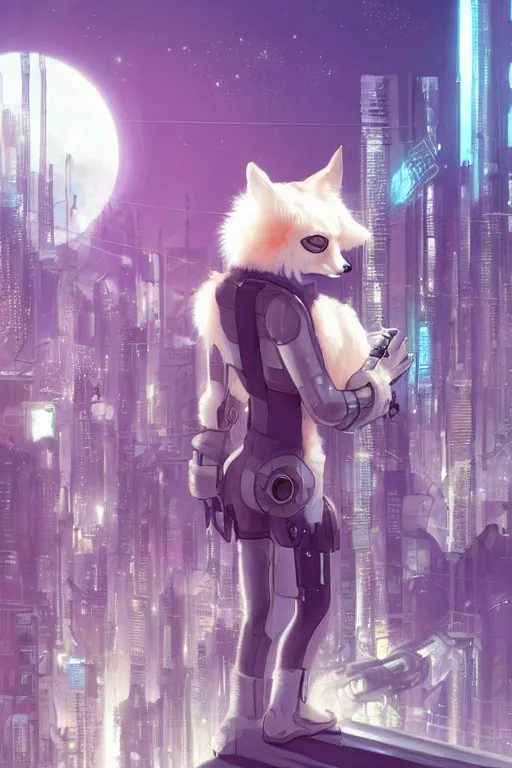 Image similar to a cyberpunk anthropomorphic fox with a fluffy tail staring over a futuristic city from the top of a roof, comic art, trending on furaffinity, cyberpunk, backlighting, cartoon, by kawacy