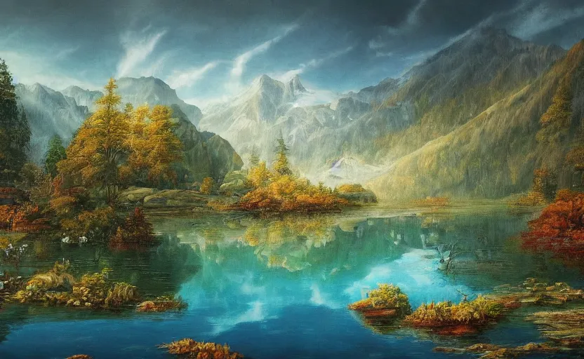 Prompt: beautiful award winning mythical painting of an austrian lake, 4 k, ultra hd