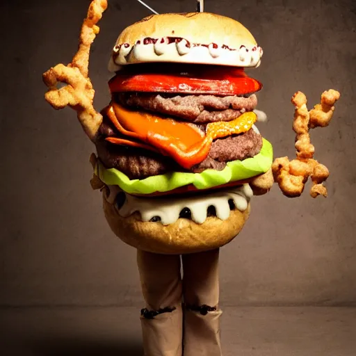 Image similar to a humanoid bipedal upright zombie that strongly resembles a hamburger, professional food photography