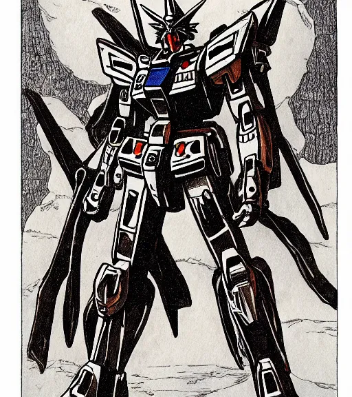 Image similar to a gundam made of bones as a d & d monster, pen - and - ink illustration, etching, by russ nicholson, david a trampier, larry elmore, 1 9 8 1, hq scan, intricate details, high contrast