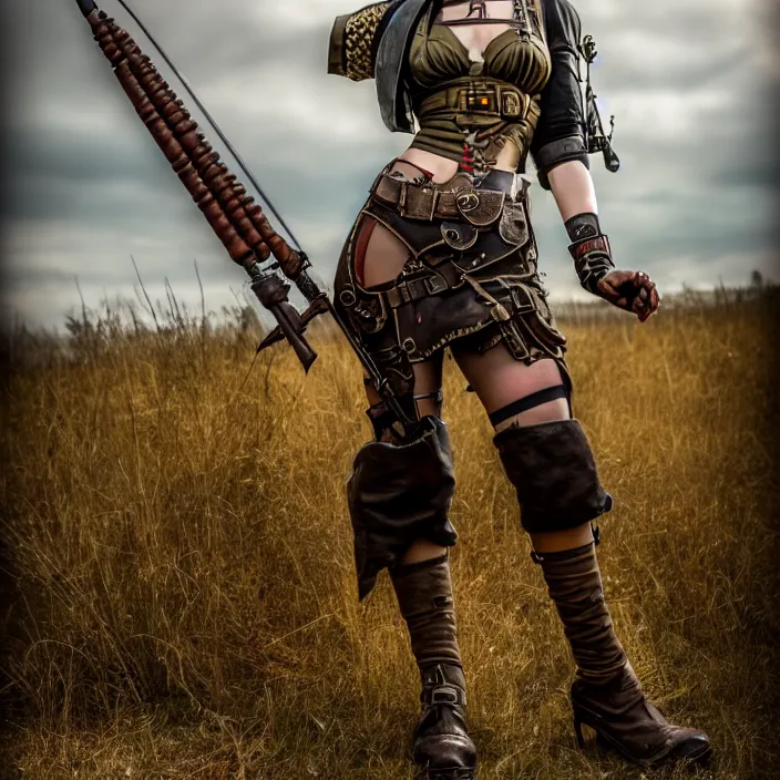 Prompt: full length photo of a very beautiful female slim dieselpunk warrior, 8 k, hdr, smooth, sharp focus, high resolution, award - winning photo