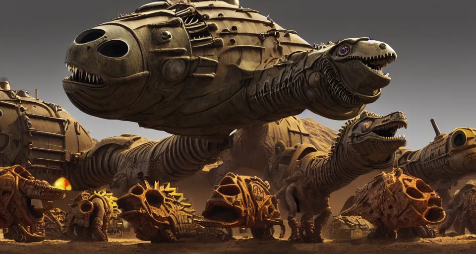 Prompt: pixar dinosaurs googly eyes, m 1 tank fury road, warm colored highly detailed cinematic scifi render of 3 d sculpt of spiked gears of war skulls bucketwheel jabbas palace iron smelting pits, military chris foss, john harris, hoover dam'aircraft carrier tower'beeple, warhammer 4 0 k, halo, halo, mass effect