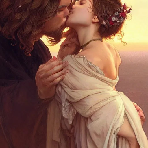 Image similar to jesus kissing a maria maddalena, intricate, elegant, highly detailed, digital painting, artstation, concept art, matte, sharp focus, illustration, art by artgerm and greg rutkowski and alphonse mucha