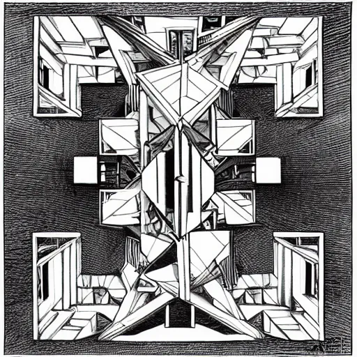 Image similar to a m. c. escher style drawing of influencer culture