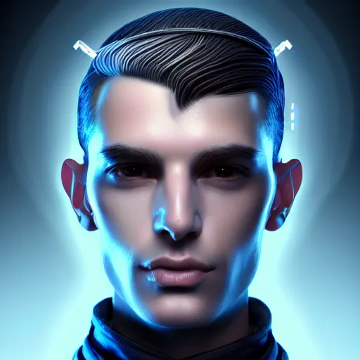 Prompt: portrait of an absurdly handsome, clean shaven, sophisticated, fashionable male cyberpunk mechanoid, hyperdetailed illustration, irakli nadar, matt wisniewski style, intricate linework, male fashion photography, porcelain skin, jellyfish headband, unreal engine 5 highly rendered, artstation, radiant light, detailed and intricate environment