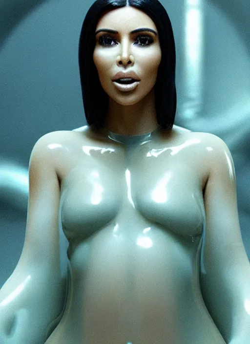 Image similar to film still of kim kardashian ingesting alien slime from the mouth of an xenomorph, transparent goo, transparent liquid, saliva, 8 k