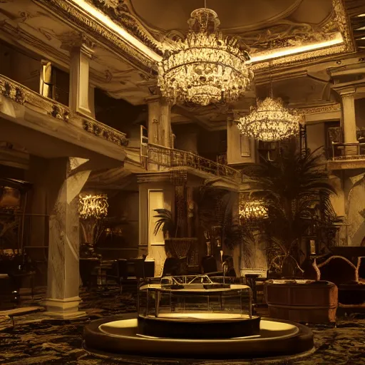 Image similar to upscale mysterious private auction, unnameable relics on display, moody lighting, extravagant details, lobby in the distance, elite