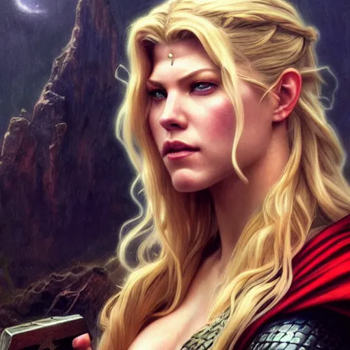 Image similar to beautiful Katheryn Winnick as Lady Thor, western, closeup, D&D, fantasy, intricate, elegant, highly detailed, digital painting, artstation, concept art, matte, sharp focus, illustration, art by Artgerm and Greg Rutkowski and Alphonse Mucha