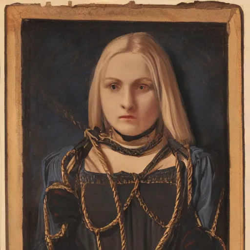 Image similar to dark portrait, blonde woman in medieval dress, strangled with rope, bluish face, closed eyes, victorian style, high detail