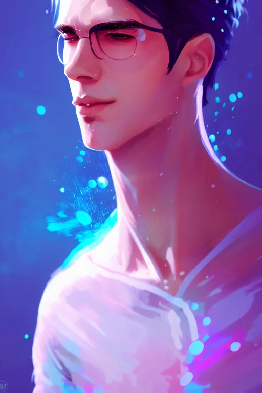 Image similar to character design, a slender, fair - skinned, elegantly dressed man with watery eyes, blurred environment background, colorful magic effects, white skin, portrait, male, clothed, sharp focus, digital art, concept art, trending on artstation, dynamic lighting, by emylie boivin and rossdraws