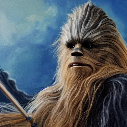 Image similar to chewbacca as gandalf, painting,