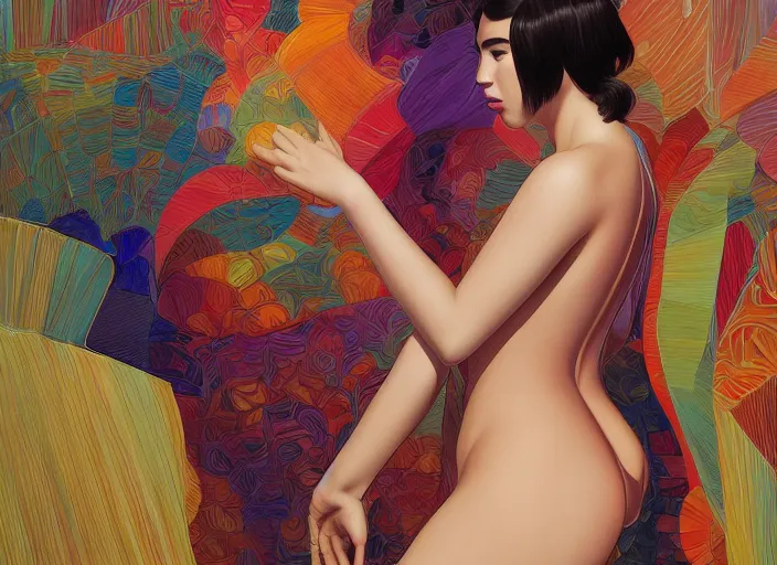 Image similar to dua lipa fully clothed full body 3 d render, colorful, in the style of frantisek kupka, intricate, miles johnston, kuroda seiki, cynical realism, ozabu, john william godward, painterly, yoshitaka amano, moebius, beautiful lighting, miles johnston, klimt, louise zhang, james jean