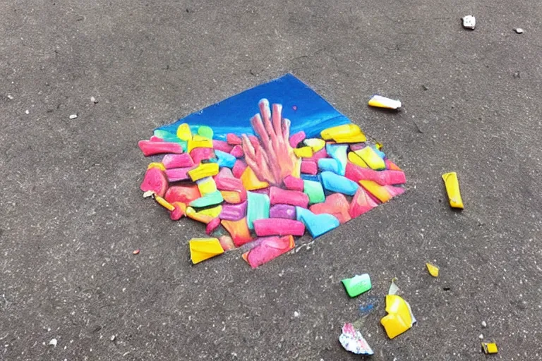 Prompt: artist makes incredible painting on top of littered chewing gum