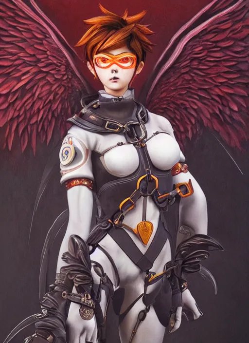 Image similar to full body artwork of tracer overwatch wearing leather collar in style of zdzisław beksinski, angel wings, dramatic painting, symmetrical composition, wearing detailed leather collar, black shiny armor, chains, black harness, detailed face and eyes,