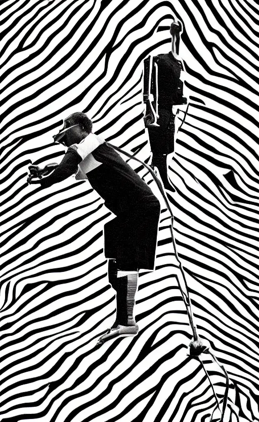 Prompt: a rotoscoped illustration on a photograph of a football referee in the style of man ray, black metal album cover, optical illusion macro photography 8k