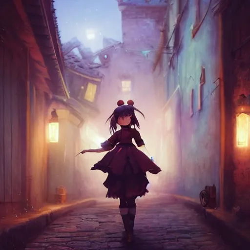 Image similar to Portrait of a Moogle Girl from Final Fantasy, huggy wuggy from poppy playtime video game sneaking through the streets of a medieval village at night, glowing lights, oil painting, Greg Rutkowski, Charlie Bowater, Beeple, unreal 5, DAZ, hyperrealistic, octane render, RPG portrait, dynamic lighting, fantasy art, beautiful face