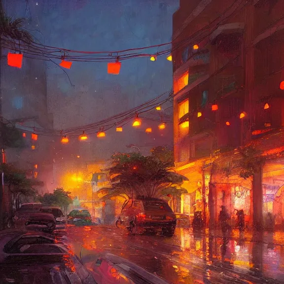 Prompt: Downtown Mexico, string lights, colorful lighting, night, realism, by Tooth Wu, by Lienzo Óleo Paisaje, by Greg Rutkowski
