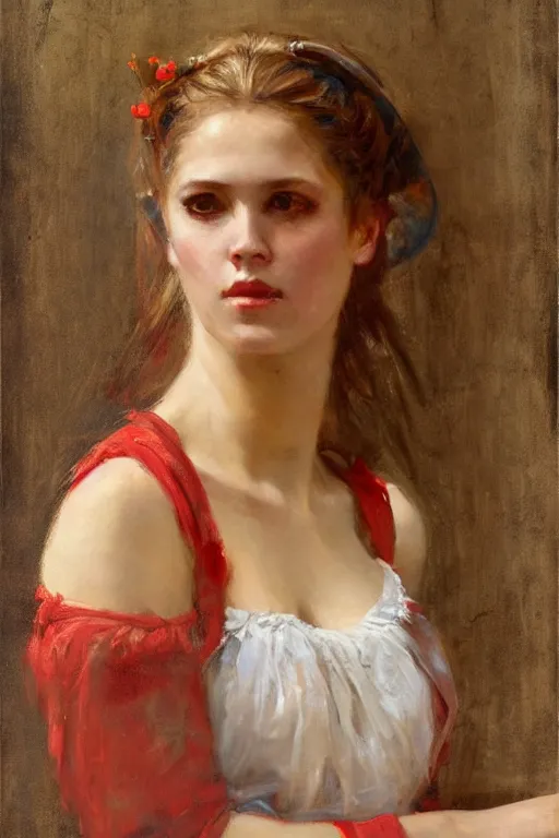 Image similar to Solomon Joseph Solomon and Richard Schmid and Jeremy Lipking victorian genre painting full length portrait painting of a young beautiful woman traditional german french Brigitte Bardot barmaid in fantasy costume, red background