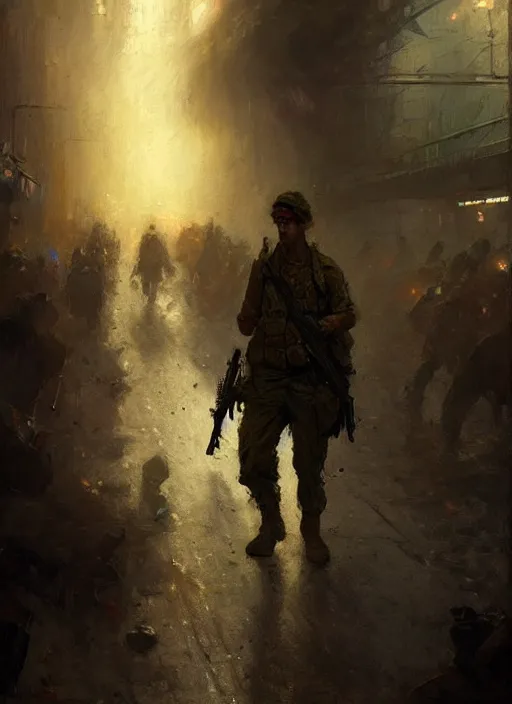 Image similar to an modern soldier in a new york subway in a zombie apocalypse art by greg rutkowski gaston bussiere fantasy soft hair trending on artstation deviantart book cover art concept art key art dramatic volumetric lighting, 4 k, award winning