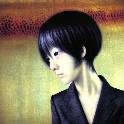 Image similar to yoshitaka amano blurred and dreamy realistic three quarter angle portrait of a young woman with short hair and black eyes wearing office suit with tie, junji ito abstract patterns in the background, satoshi kon anime, noisy film grain effect, highly detailed, renaissance oil painting, weird portrait angle, blurred lost edges