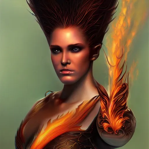 Prompt: A stunning portrait of a flame goddess by Jim Burns, fantasy, Trending on artstation.