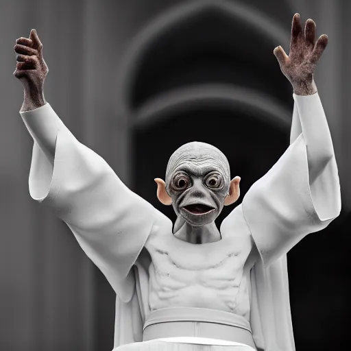 Prompt: a portrait of gollum after he's been accepted as the new pope. 8 5 mm lens, f 1. 8