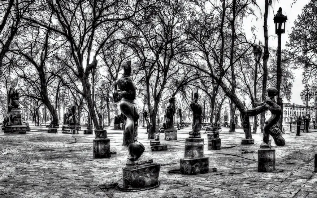 Image similar to the statue park in st. petersburg, by patrick brown, monochrome,