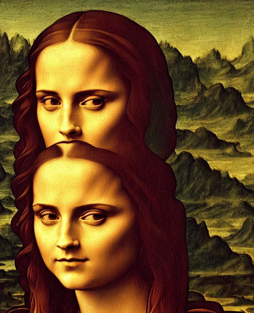 Image similar to emma watson oil painting by leonardo da vinci in style of mona lisa, close up portrait